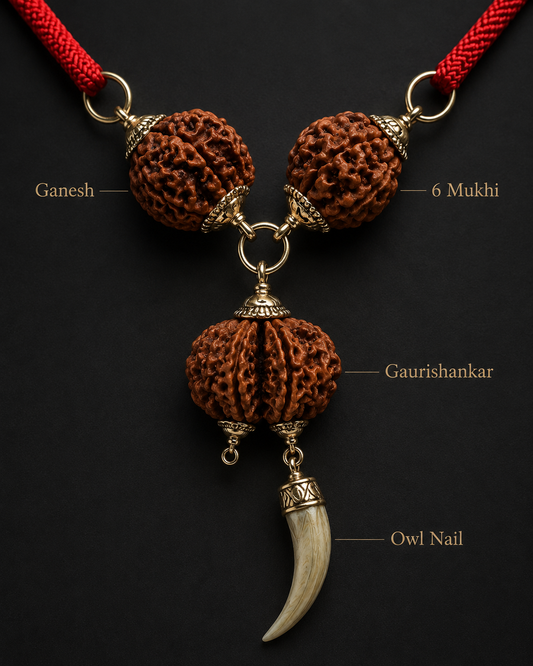 Ganesh Mukhi, 6 Mukhi & Gauri Shankar Rudraksha with Owl Nail Pendant