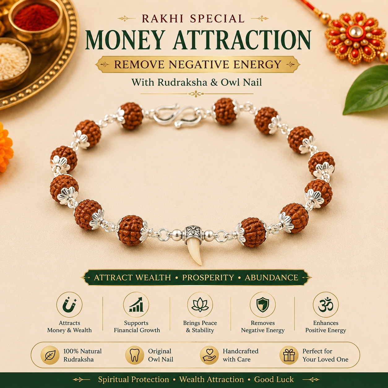 5 Mukhi Rudraksha Rakhi with Owl Nail Silver Bracelet