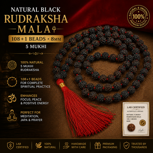Natural Black Rudraksha Mala 108+1 Beads 8mm with Lab Certificate – Tantrax